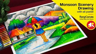 Monsoon drawing oil pastel | Monsoon scenery drawing | Monsoon drawing | Rainy Season drawing