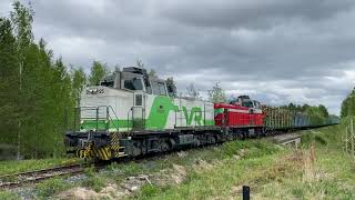 Timber train T 53344 (Hpj → Äki) passing Lohijoki level crossing at Kumiseva.