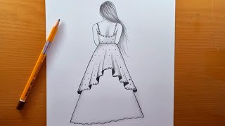 Como desenhar uma linda garota de costas | desenhe um vestido para a menina | | Esboço a lápis