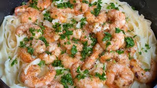 Best fettuccine Alfredo with shrimp 🍤  الفتوتشيني بالكريمة والجمبري (القمرون)