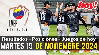 JUEGOS DE HOY, RESULTADOS DE AYER, POSICIONES LVBP 19/11/2024