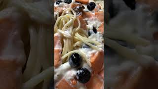 Eating Pasta with Smoked Salmon and Black Olives 🍝