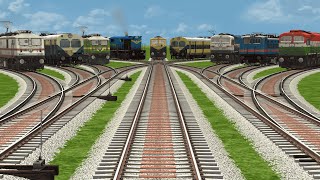 ALL NINE TRAINS RUNNING ON SHARP TURN FORKED RAILROAD TRACKS | Train Simulator Train videos | trains