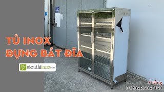 Tủ inox cánh kính đựng bát đĩa, loại 5 tầng nan 120x50