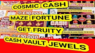 COSMIC CASH...MAZE FORTUNE..GET FRUITY...CASH VAULT JEWELS....GEM SMASH SCRATCHCARDS