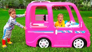 Vlad and Niki ride on Barbie Car to camping