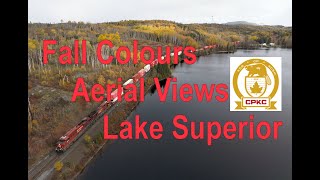 Fall colours and aerial views of trains along Lake Superior around Marathon, Ontario in October 2024