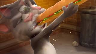 talking tom has hands in his mouth because i gave him a long tsb taco spaghetti burger