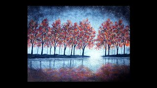 Acrylic Painting Autumn Trees Lake Reflections on Black & White Sponge Painted Background Easy Paint