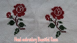 Hand Embroidery- Cross stitch Rose Flower For Bedsheet, Pillow cover, Cushion cover.