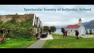 Drone view of Hrafnseyri and View of Isafjordur  cruise port at Westfjords of Iceland