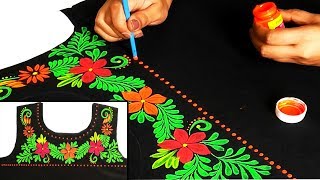 Hand Painted Designer Neckline on BLACK Colored Kurti | Designer Kurti | Fabric Painting Designs