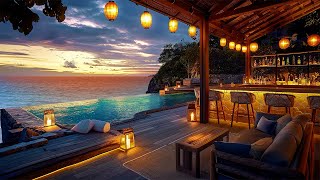 Summer Seaside Coffee Shop Ambience 4K with Elegant Jazz Playlist and Soothing Ocean Wave Sounds