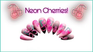 Neon Cherry and Drip Nails with Black Gradient! Valentines Day Nails