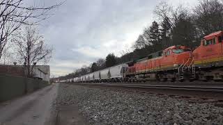 Ex KCS Nee BNSF Dash 9s trail on an NS manifest at Haysville, PA