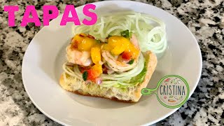 Tapas - Tostadas con Aguacate y Camarones en Salsa de Mango