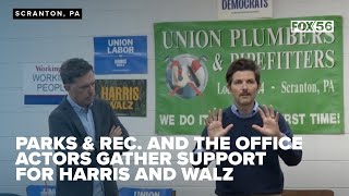 Parks and Rec. actor Adam Scott and The Office's Ed Helms rally support in Scranton for Harris/Walz