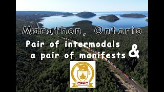 CPKC trains and aerial views along Lake Superior at Marathon, Ontario, Canada ~ August 6, 2024