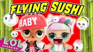 Flying Sushi Kitchen Game with LOL Surprise Dolls MC Swag and Unicorn! Win a New Emoji Radz Toy!