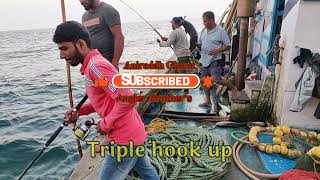 Big Yellowfin Trevally Fishing P-2 | Triple Hook Up | Penn slammer 3 6500 | Shimano saragosa 6000hg