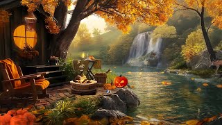 Serene Autumn Terrace Ambience🍂4K- With Nature Sounds, Calm Waterfall, Crunchy Leaves for Sleep,Rest