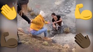 WOMAN JUMPS IN FROZEN LAKE TO SAVE DOG