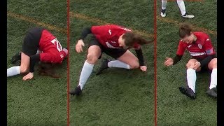 A footballer dislocates her knee, rearranges her to blows and continues playing!