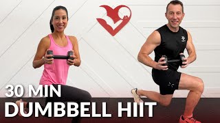 30 Min HIIT Workout with Dumbbells - No Repeat Full Body HIIT with Weights at Home for Fat Loss