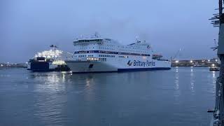 Armorique, Brittany Ferries ship,docking in reverse at  Portsmouth Port at nighttime