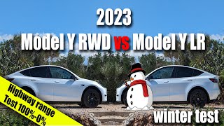 Model Y RWD vs Model Y LR side by side WINTER highway range test 100%-0%