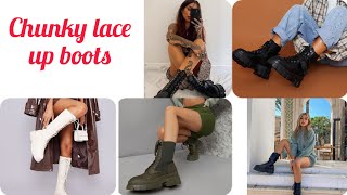 how to wear chunky lace up boots/chunky leather ankle boots/chunky heels boots #style