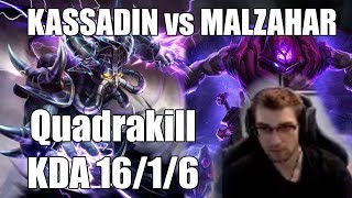 KASSADIN vs MALZAHAR (MID) | Quadrakill, KDA 16/1/6, Legendary | NA | v9.13