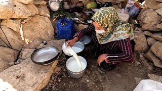 nomadic lifestyle:Milking sheep and making yogurt with fresh milk by nomad women