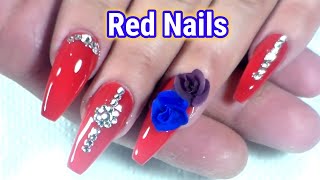 Beautiful Red Nails | Simple Red Nail Art | Red Nails With Flowers & Rhinestones