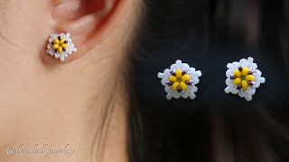 Mini daisy beaded stud earring. How to make jewelry. Beading tutorial