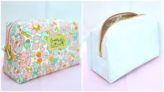 ボックスポーチ作り方  25cmファスナー使用　How to sew a zipper box pouch 裏地付き ぬい代を包む必要なし　台形型