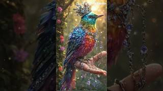 "Animate a colorful animal with radiant rainbow feathers perched on a  wearing an