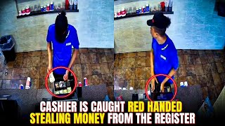 #Busted, cashier is caught red handed stealing money from the register.