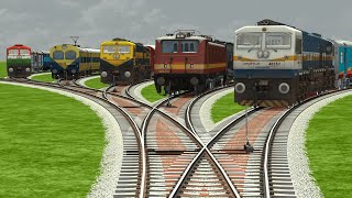 5 INDIAN TRAINS CROSSING BACK TO BACK ON FORKED RAILROAD TRACKS | Train Simulator Railroad Crossing