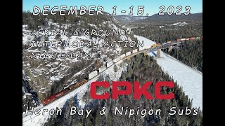 CPKC trains along Lake Superior ~ December, 2023 in Northern Ontario, Canada AERIAL VIEWS