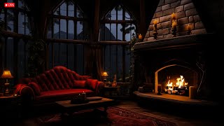 🔴Cozy Time - Castle, Cozy Room with Rain, Fireplace & Thunderstorm Sounds for Sleep, Study, Relax