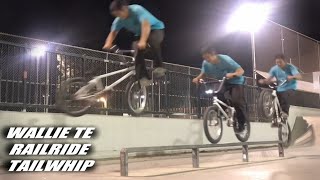 BMX Rail Wallie TE Tailwhip and 180 Derek Duster Grind