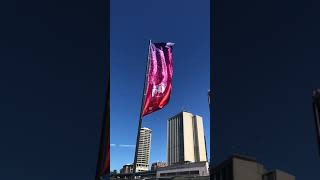 Australia Day sign flapping in the wind (slow motion) - Circular Quay