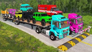 Double Flatbed Trailer Truck vs Speedbumps Train vs Cars | Tractor vs Train Beamng.Drive