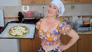 Pizza with mushrooms and sausage. Super Green pizza. Pizza recipe.  Mila's Naturist Cooking.