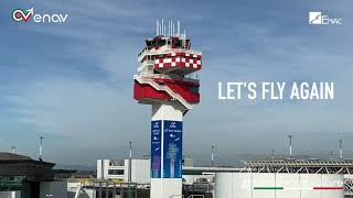 Installazione telo "LET'S FLY AGAIN" sulla torre di controllo dell'aeroporto di Roma Fiumicino