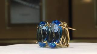 20.00 Carat Genuine Natural Oval Shape Blue Topaz Earrings in 14K Gold WATCH VIDEO