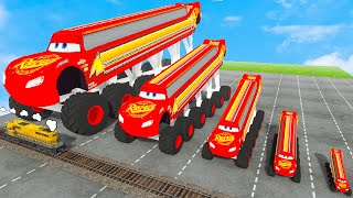 Big & Small, Long & Tall Lightning McQueen with Monster Truck Wheels vs Trains in Teardown