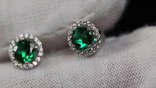 Colombian emerald ear studs, Lab Grown Emerald Ear Studs, Green diamond ear studs,