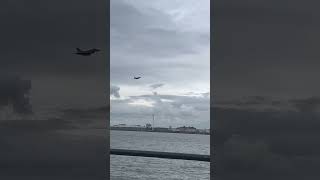 Flypast down the River Mersey from a RAF Typhoon after their display at the Southport Airshow 2024